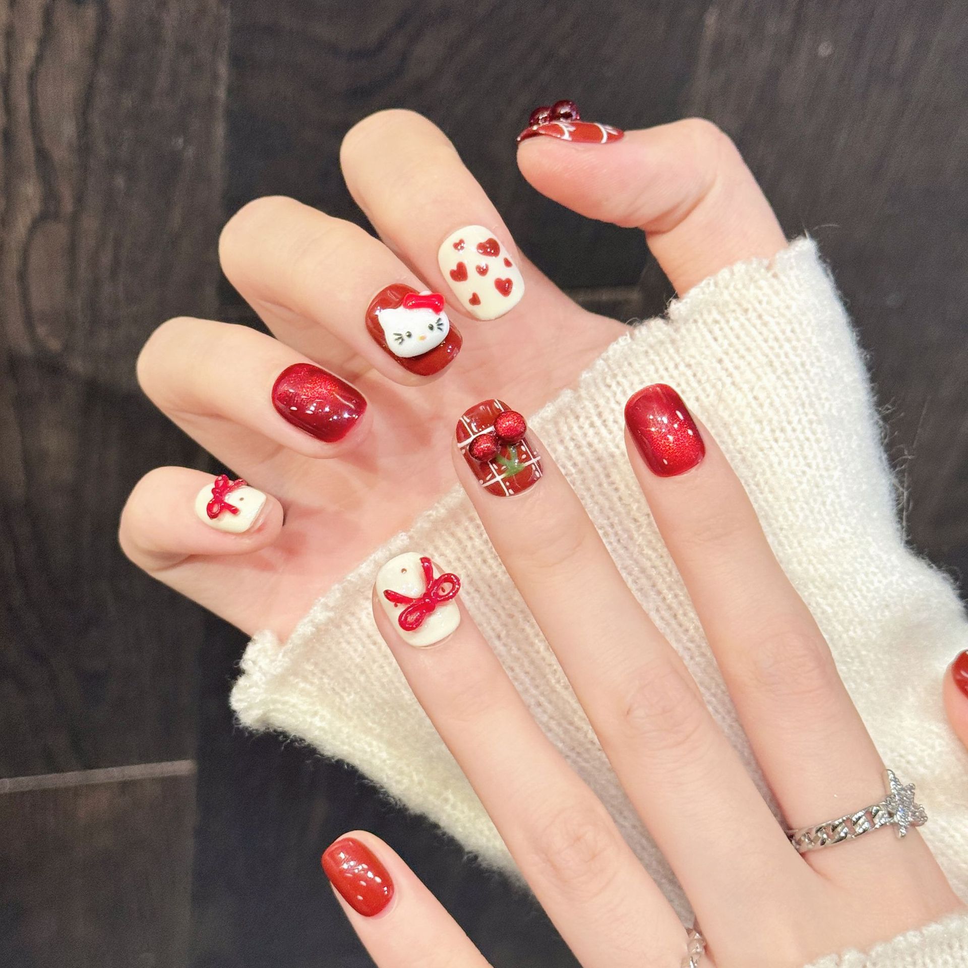 Nail Art Press On - 10PCS Handmade Nail Art Red White