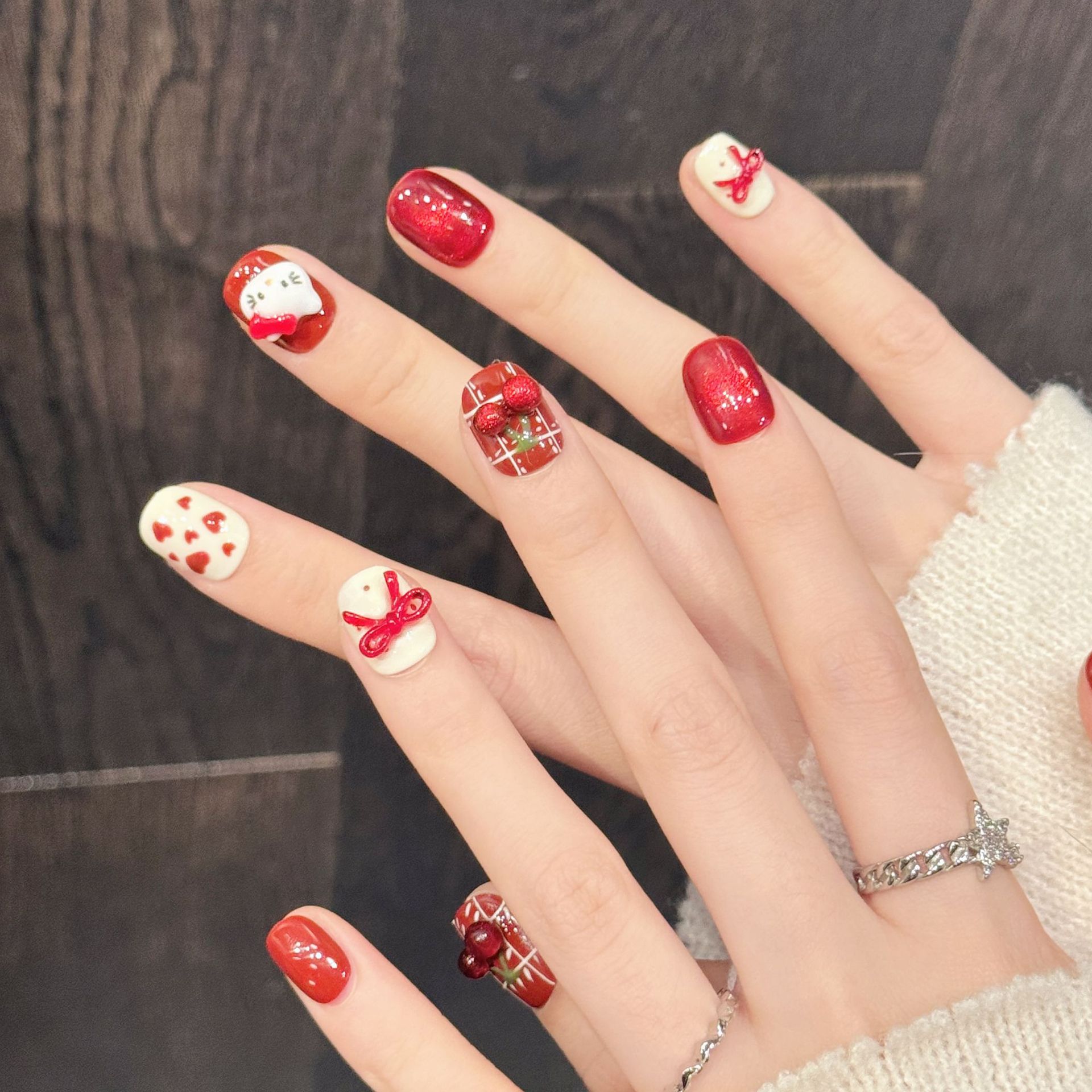 10PCS Handmade Nail Art Red Wh - Nail Art Press On ulasan dan harga