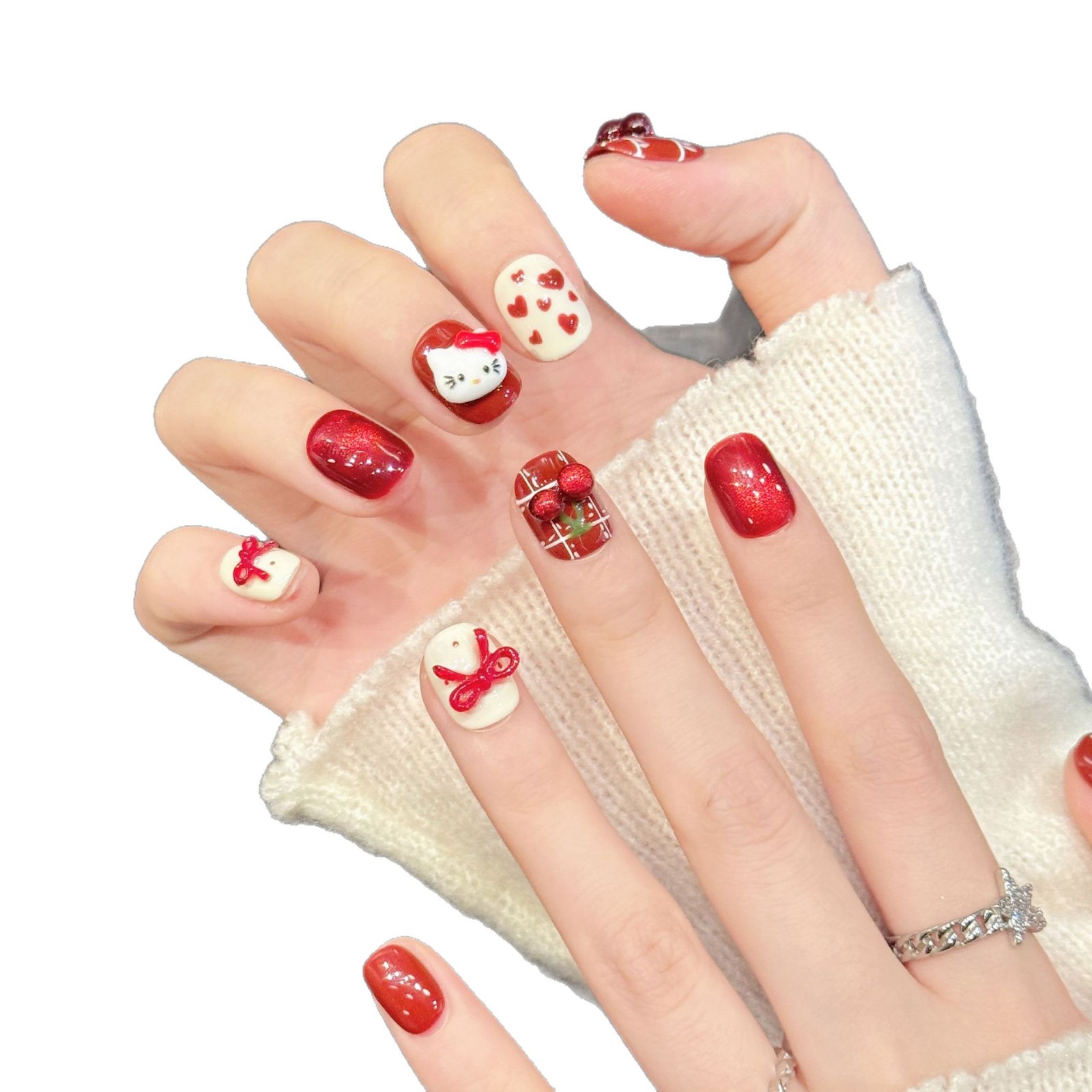 10PCS Handmade Nail Art Red Wh - Nail Art Press On ulasan dan harga